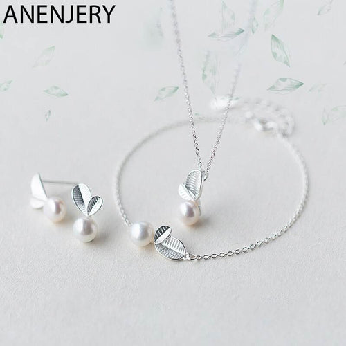 ANENJERY 925 Sterling Silver Jewelry Sets  Bud Leaf Simulated Pearl Necklace+Earrings+Bracelet For Women Korean Jewelry
