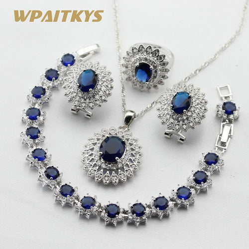 Women Silver Color Jewelry Sets Dark Blue White Cubic Zirconia Necklace Pendant Bracelets Earrings Rings Free Gift Box